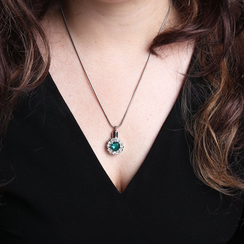 Green Crystal Rhinestone Flower Cremation Necklace Memorial Jewelry Keepsake Pendant