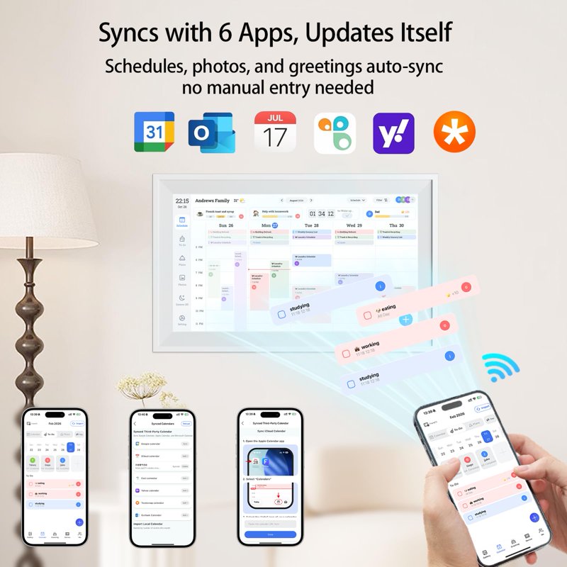 Digital Family Calendar with Touchscreen - Wall & Desk Mount, Chore & Meal Planner