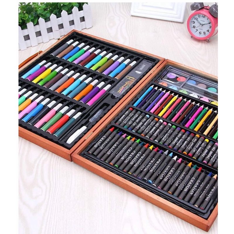 Art Supply Organizer Case with 150 Pieces - Wooden Storage & Carrying Box