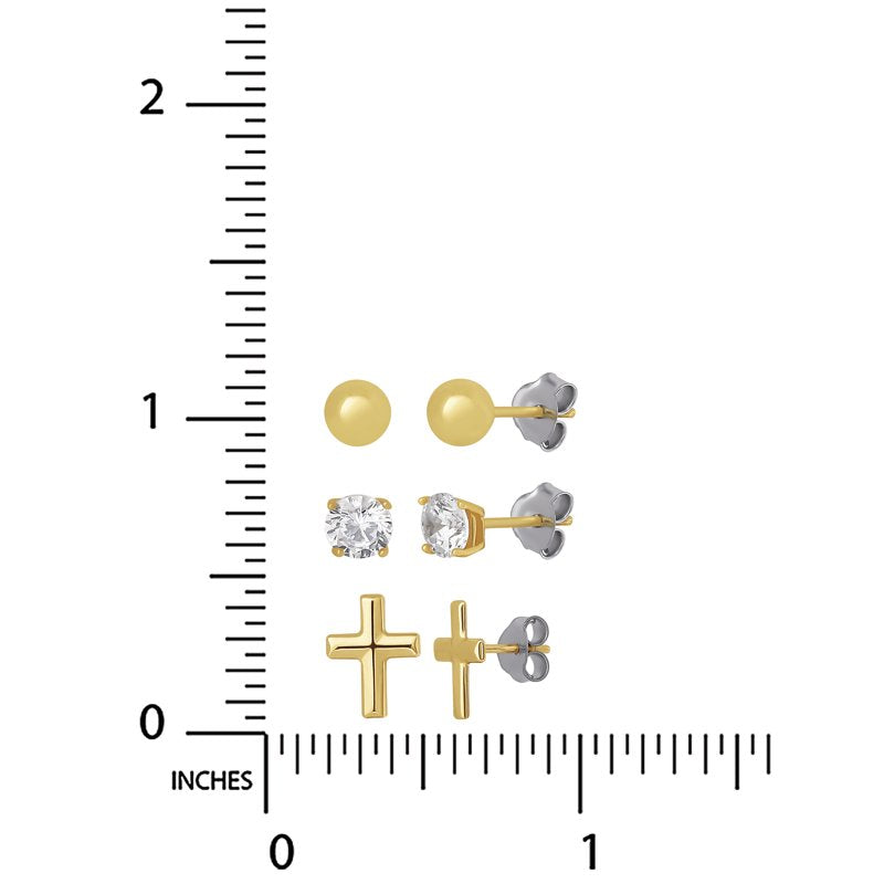 Sterling Silver Gold-Plated Cross & Ball Earrings with Cubic Zirconia for Women