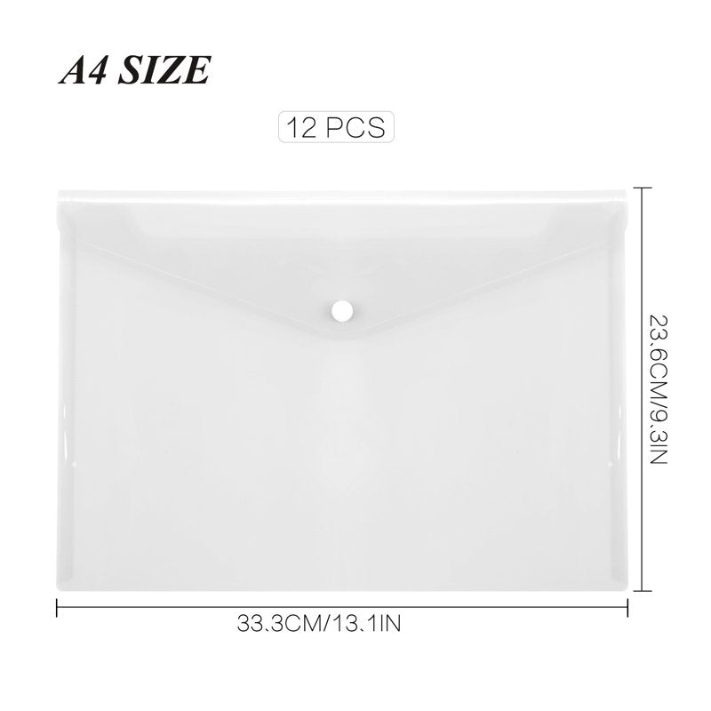 Waterproof Plastic File Folders Set with Snap Closures - A4 Letter Size Organizers, 12 Pack