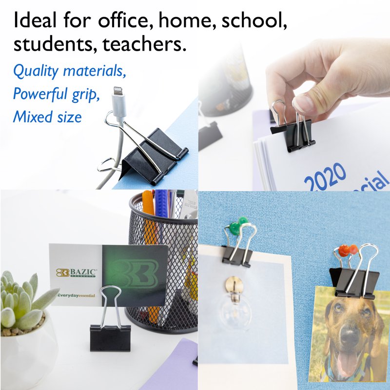 Assorted Size Black Binder Clips - Multi-Size Paper Clips for Office and School, 12 Pack