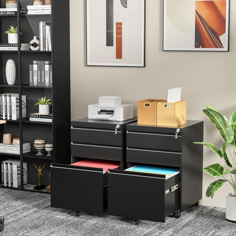 Mobile File Cabinet with Lock and Wheels - 3 Drawer Metal Storage for Office, Legal and Letter Sizes