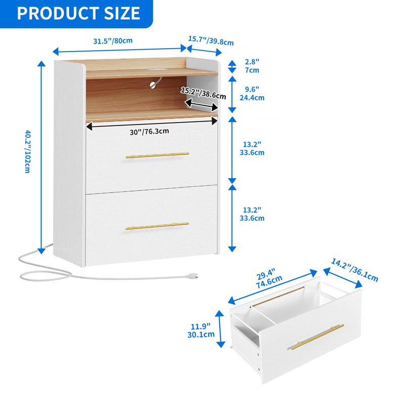 White 2-Drawer File Cabinet with Charging Station Office Storage