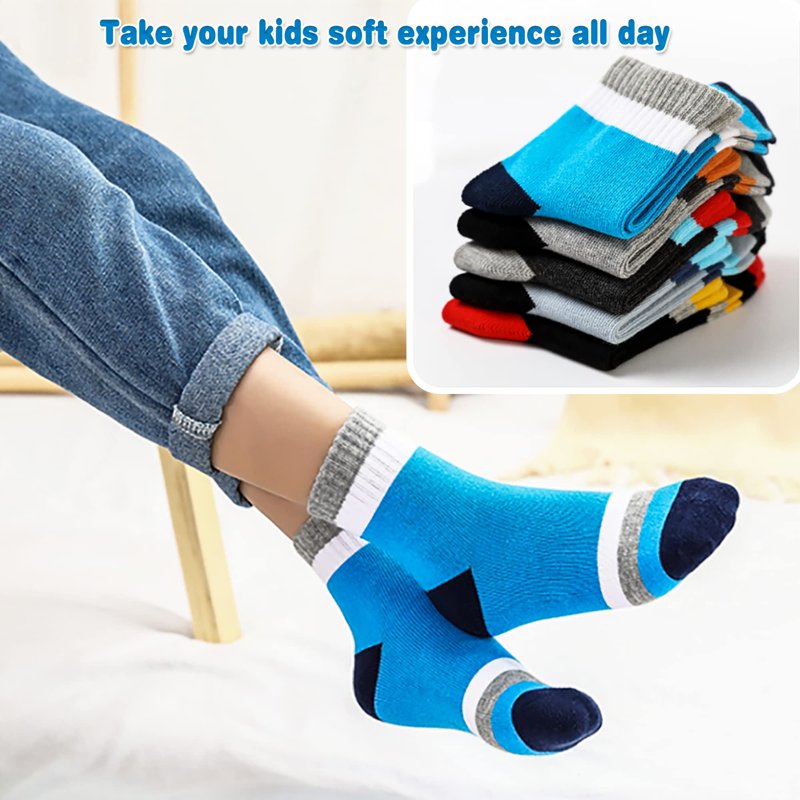Kids Cotton Socks Pack - Breathable, Multi-Color Striped Athletic Socks for Boys 3-16 Years