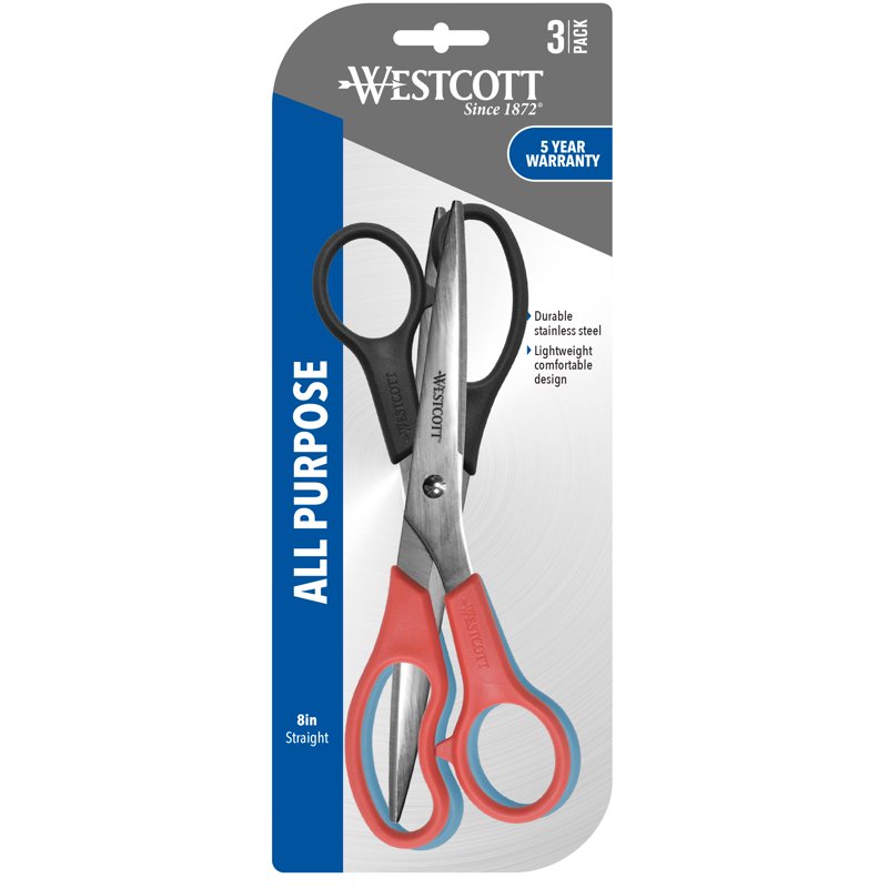 All-Purpose Straight Scissors 8-Inch 3-Pack for Office & School