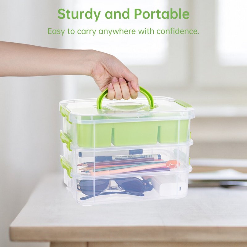 3-Layer Plastic Organizer Storage Box Set with Removable Tray, Stackable & Portable