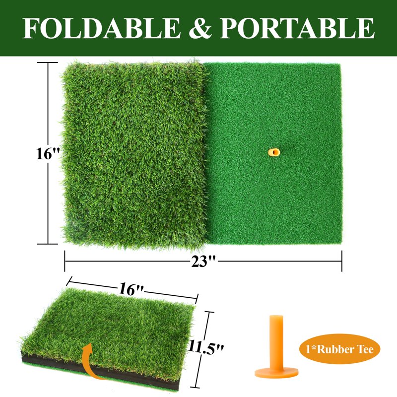 Dual-Turf Golf Hitting Mat with Foldable Design and 23x16 Inch Practice Area