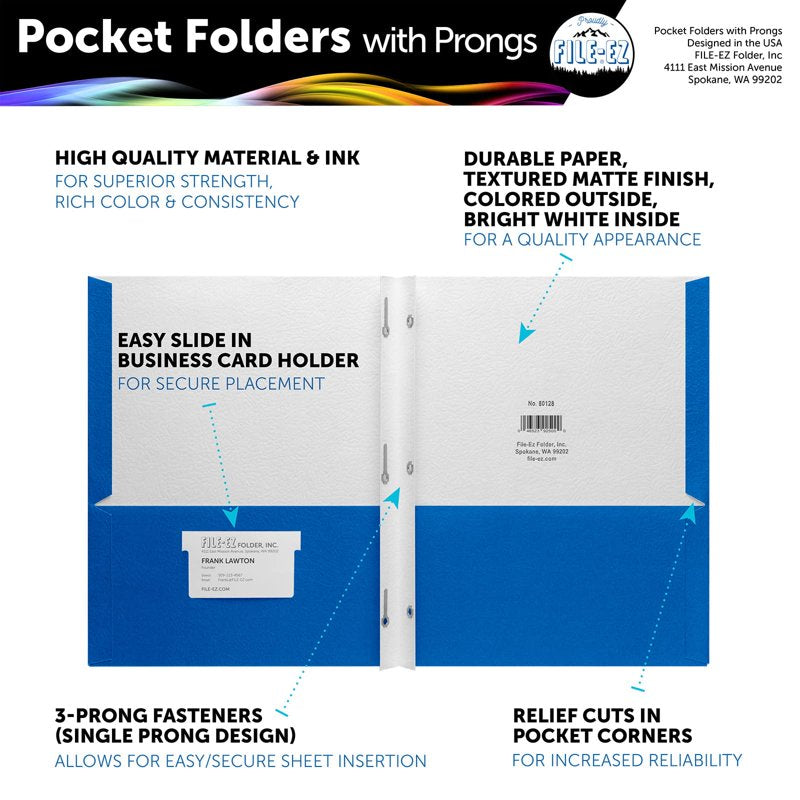 25-Pack Assorted Color File Folders with 3-Prong Fasteners, Durable Textured Paper