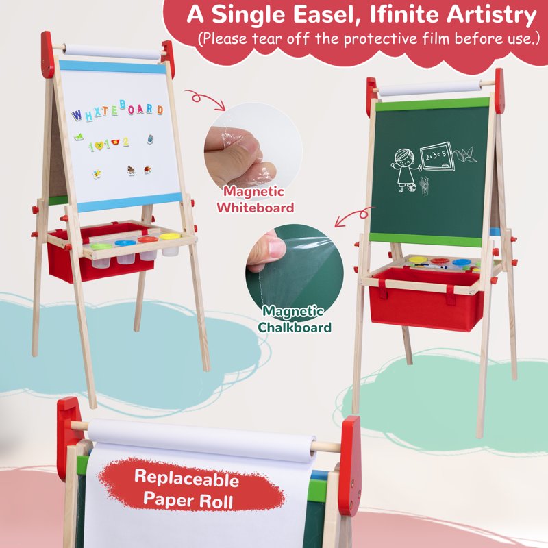 Kids Wooden Art Easel with Adjustable Height, Double-Sided Chalkboard & Painting Accessories