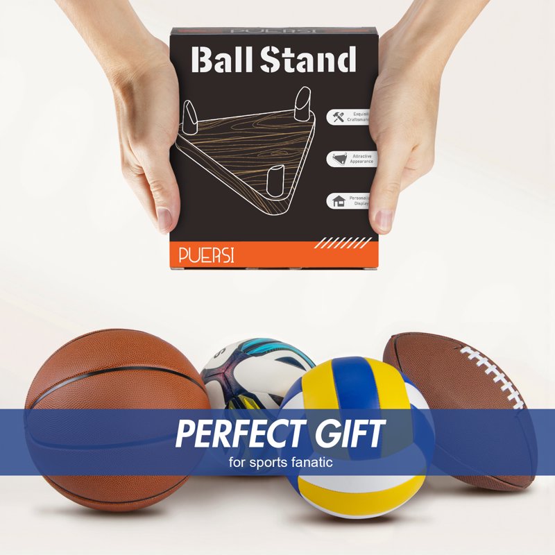 Walnut Display Stand for Sports Balls – Basketball, Football, Soccer, Volleyball Organizer