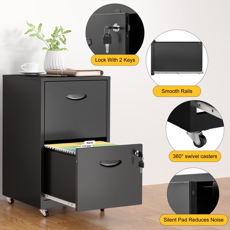 18-Inch Mobile 2-Drawer Metal File Cabinet with Lock and Casters