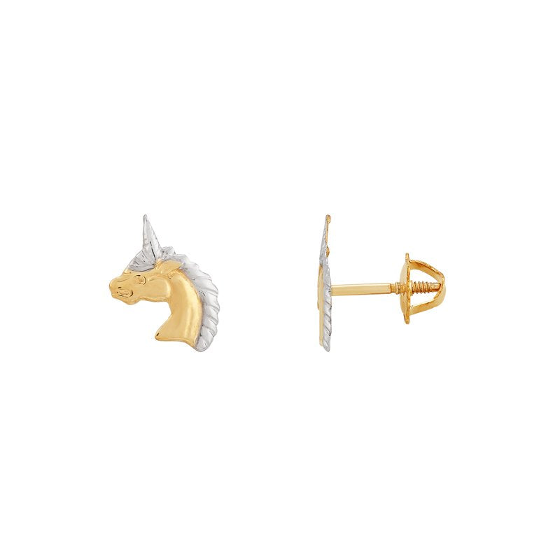 Girls 10K Gold Unicorn Earrings with Rhodium Finish Safe Screw Backs