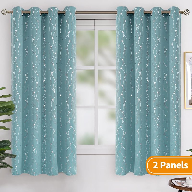 Blackout Room Darkening Curtains 63 Inch Long Grommet Insulated Drapes with Wave & Dot Print