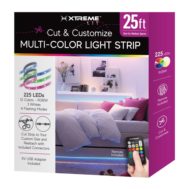Multicolor LED Light Strip Kit 25ft - Flexible, Cuttable, Remote Control