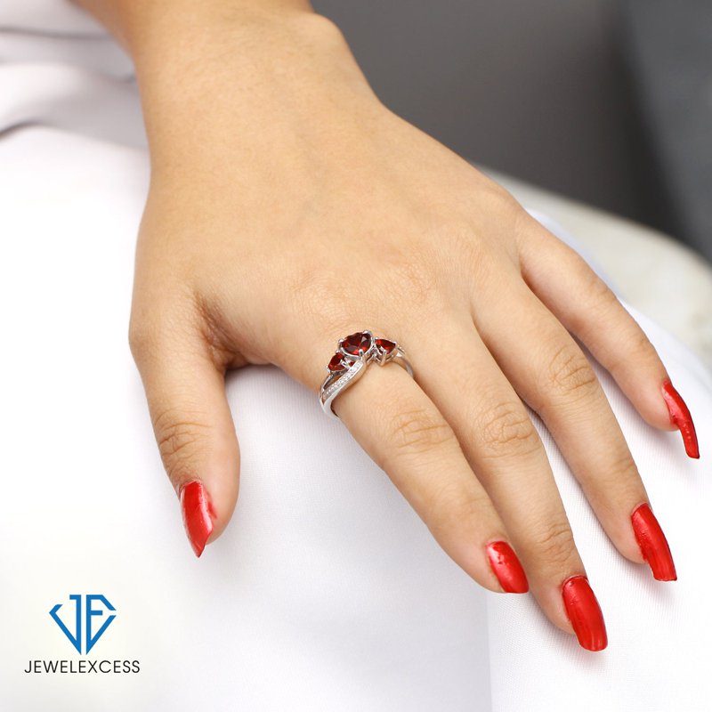 Gold Plated Silver Garnet Ring with White Diamond Accents – Heart Design Jewelry