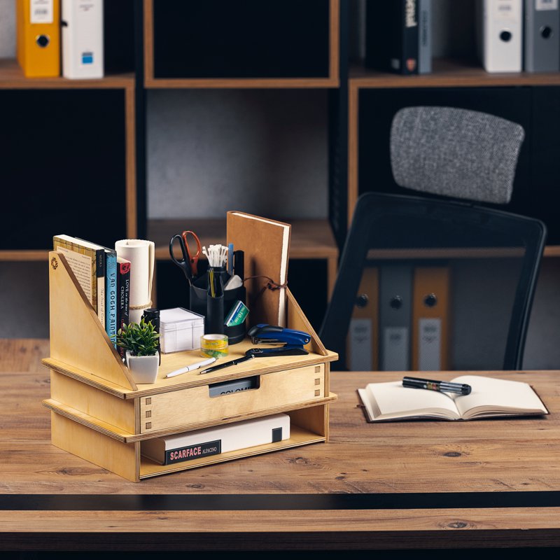 Wooden Desk Organizer with Drawer - Desktop Storage for Office Supplies