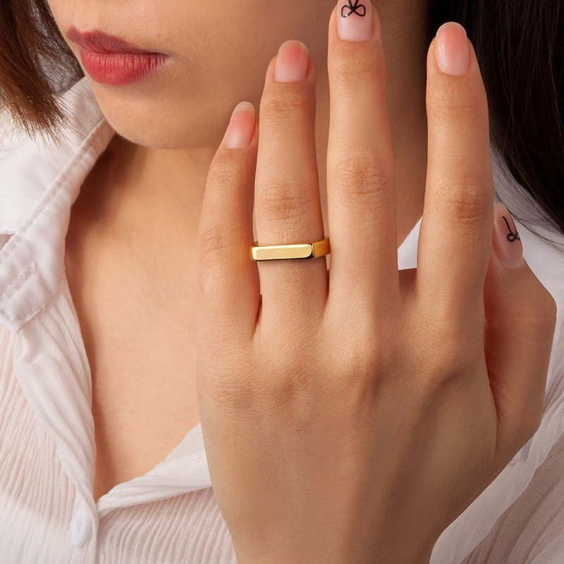 Stainless Steel Horizontal Bar Signet Style Ring for Women Men Engagement Wedding Gift