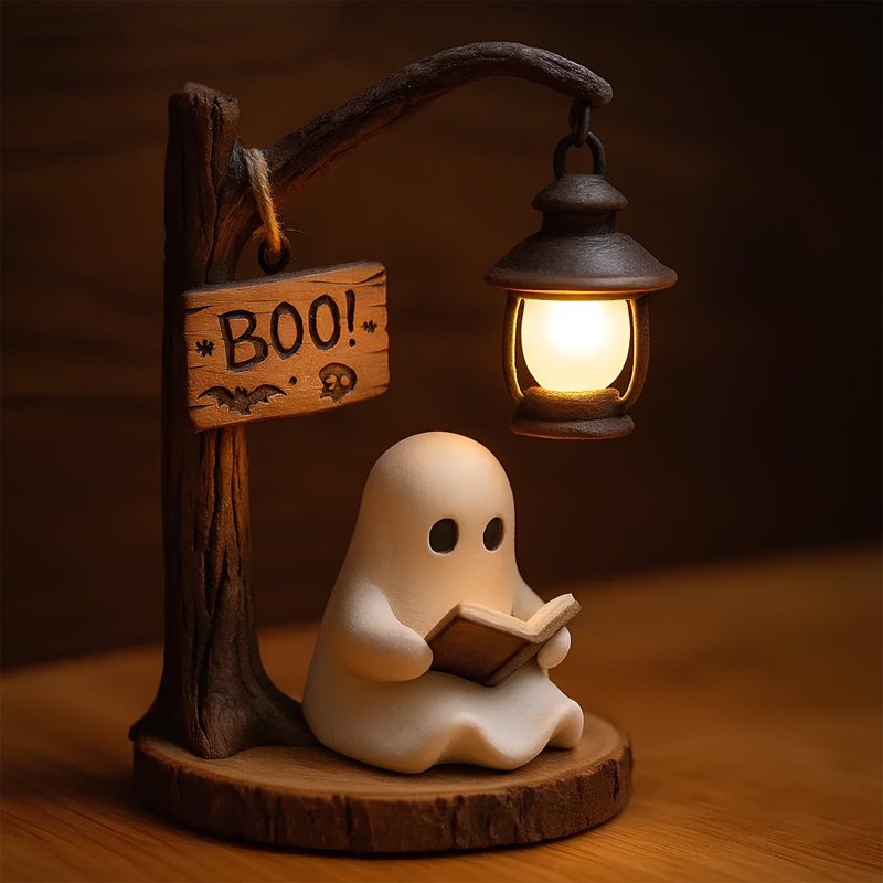 Cute Ghost Reading Book Lamp - 3D Resin Halloween Night Light Indoor Figurine