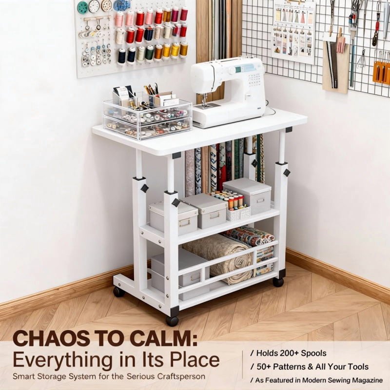 Adjustable Height Craft Table with Storage and Silent Wheels for Sewing & Knitting
