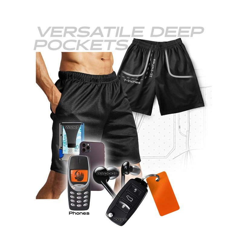 Men's Mesh Shorts 3-Pack Activewear with Pockets - Gym, Basketball, Casual