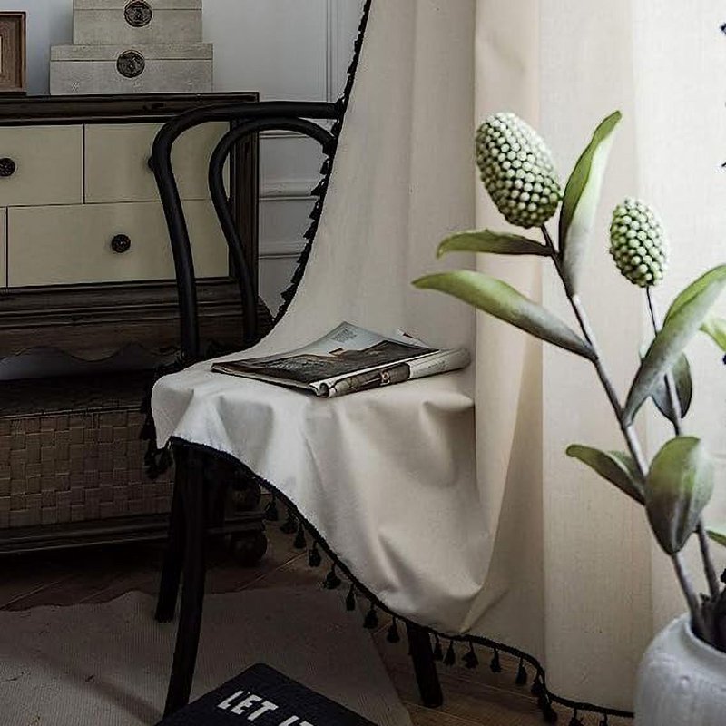 Boho Cotton Linen Window Curtain with Black Tassels - 102 Inch Beige Panel