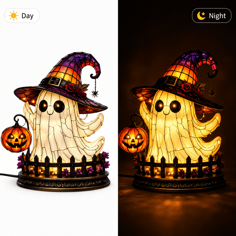 Halloween Ghost Night Light - 11.8 Inch Witch Hat Ghost Lamp with Jack O Lantern Indoor Decor