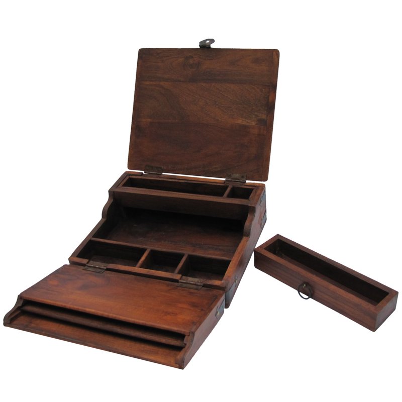 Vintage Wood Folding Travel Writing Desk with Compartments - Antique Style Portable Lap Desk