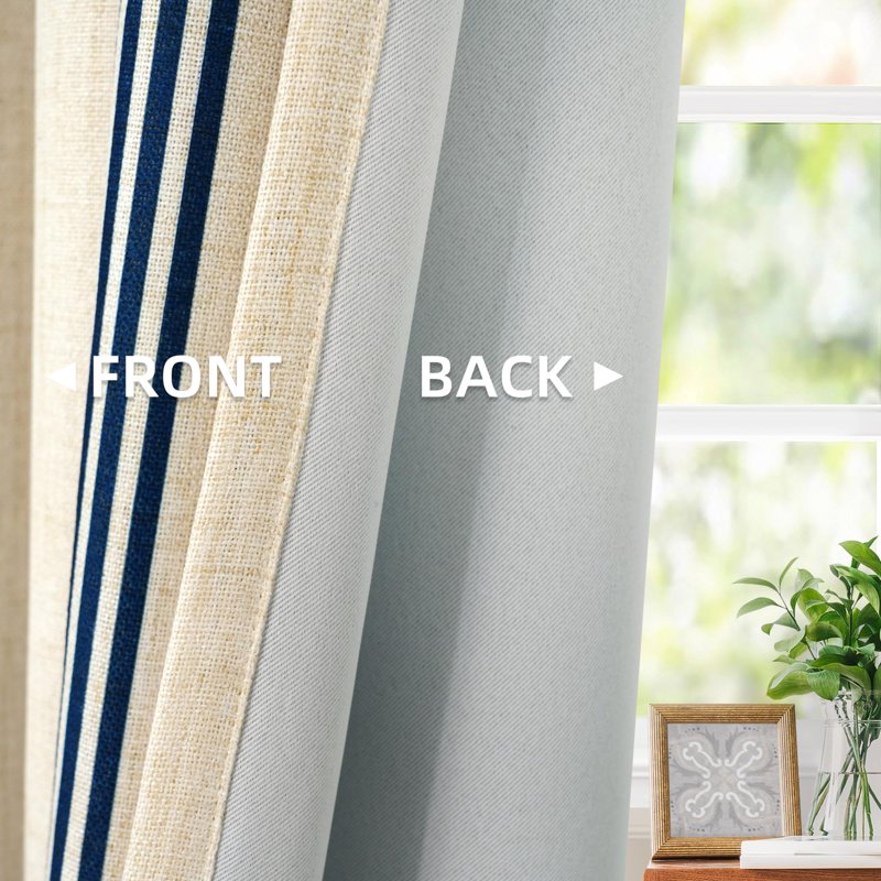 Linen Blend Blackout Curtains 52x84 Inch Vertical Striped Room Darkening Drapes