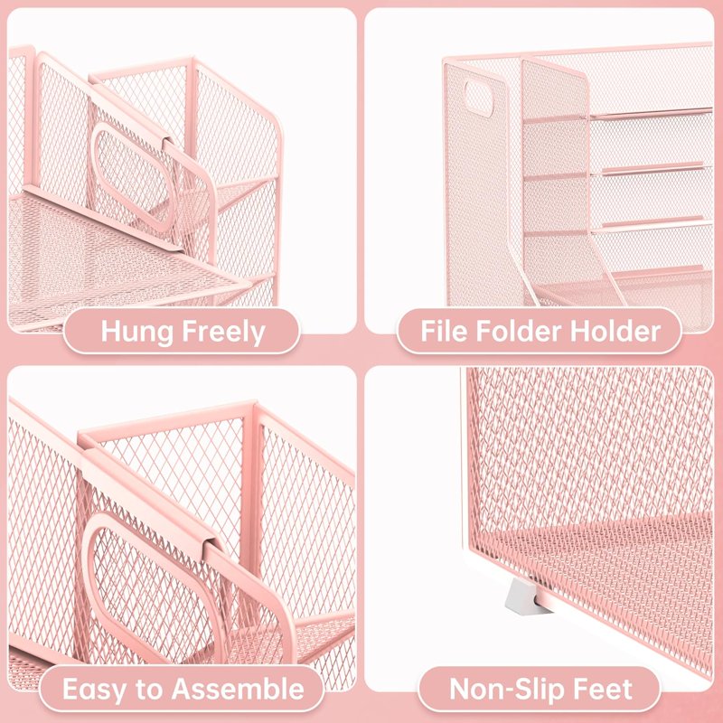 INTIGE 5-Tier Metal Desktop Organizer with Pink 1 Drawer, File Rack & Pen Holder