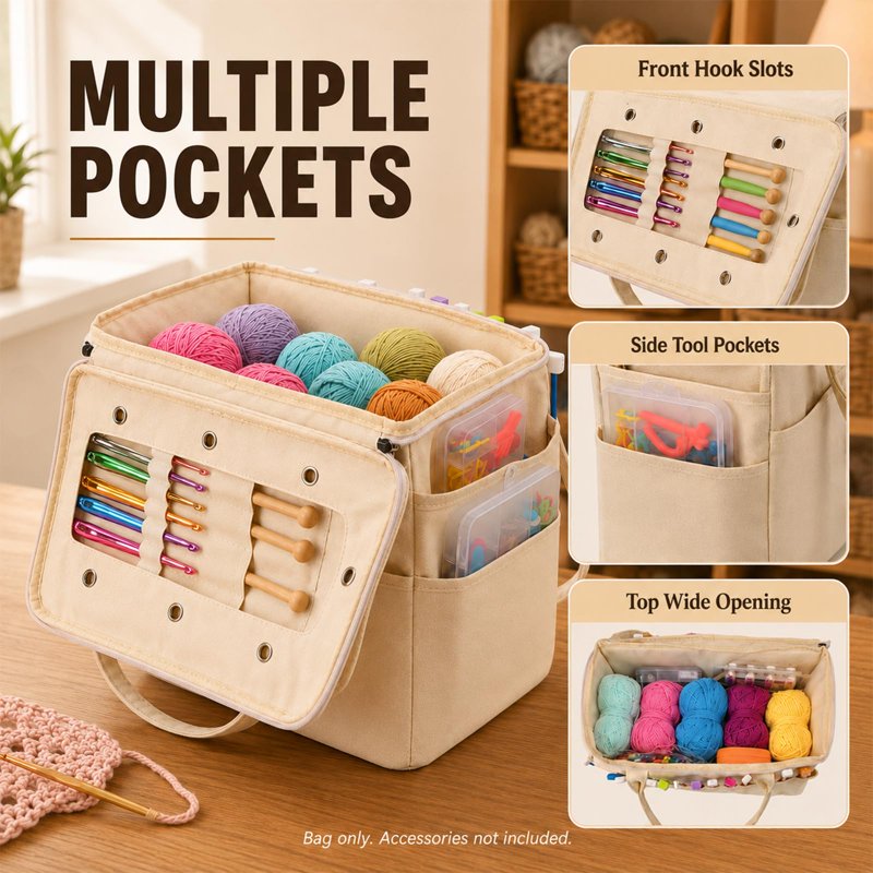 Large Canvas Yarn Storage Bag with Multiple Pockets & Yarn Holes for Knitting Crochet