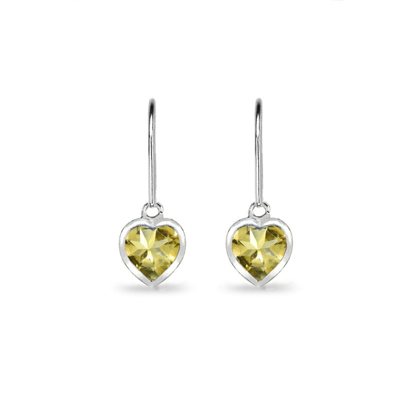 Sterling Silver Dangle Heart Earrings with Citrine Bezel-Set 6mm Gemstone