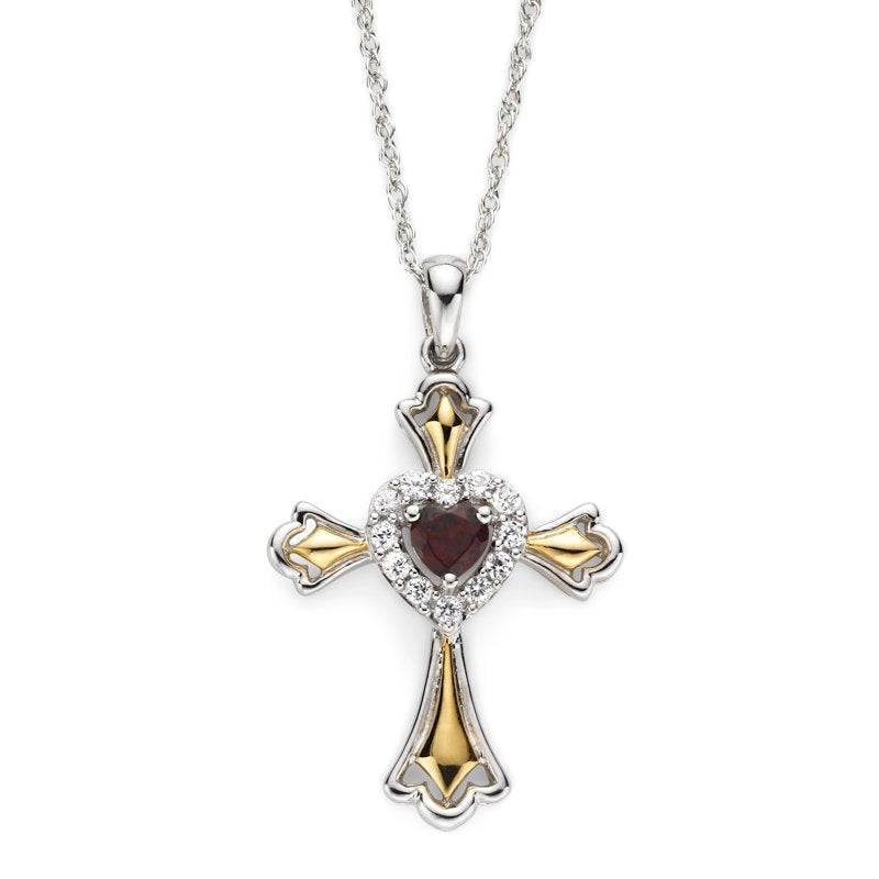 Sterling Silver Cross Pendant with Gold Plating & Genuine Garnet - All Variants