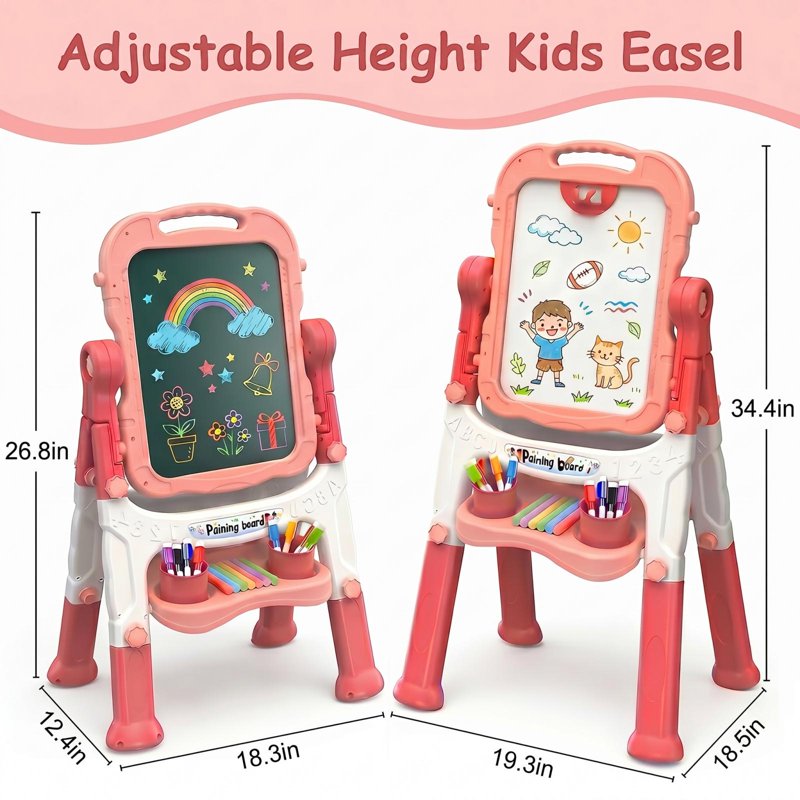 Kids Art Easel with Adjustable Height & 360° Rotation - Double Sided Drawing Board with Accessories, Pink