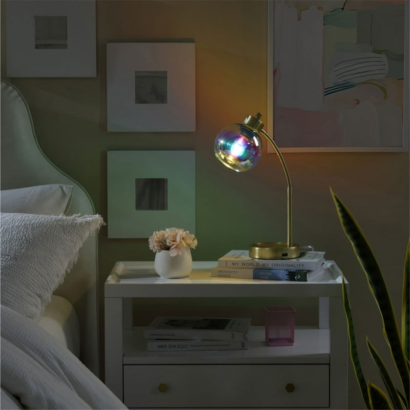 Iridescent Orb Table Lamp with USB Charging and Adjustable Gooseneck - Gold