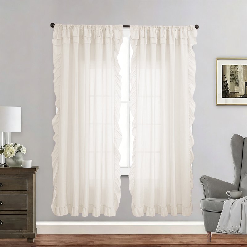 Semi-Sheer Light-Filtering Window Curtains with Ruffle Trim - 96 Inches Long