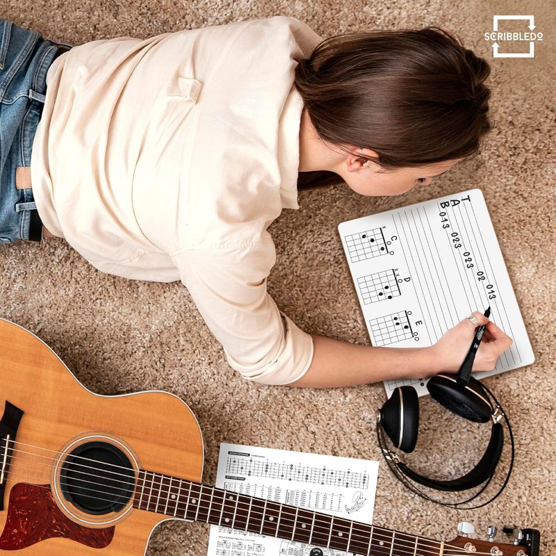 Double-Sided Guitar Practice Whiteboard - Chord Diagrams & Line Sets, 11x14 Inches