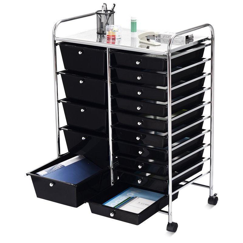 15-Drawer Rolling Cart with Wheels, Mobile Storage Organizer, Black