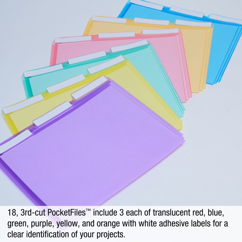 Office Document Folder Set - Clear Poly PocketFiles with Assorted Colors