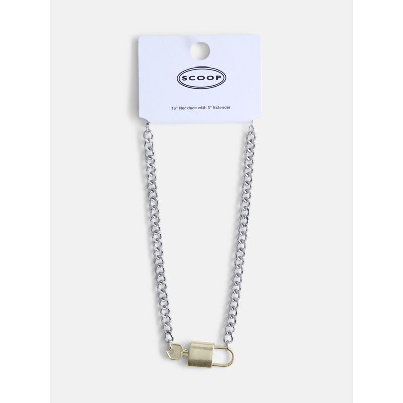 Women’s Padlock Key Necklace - Rhodium & Brass Tone Modern Jewelry