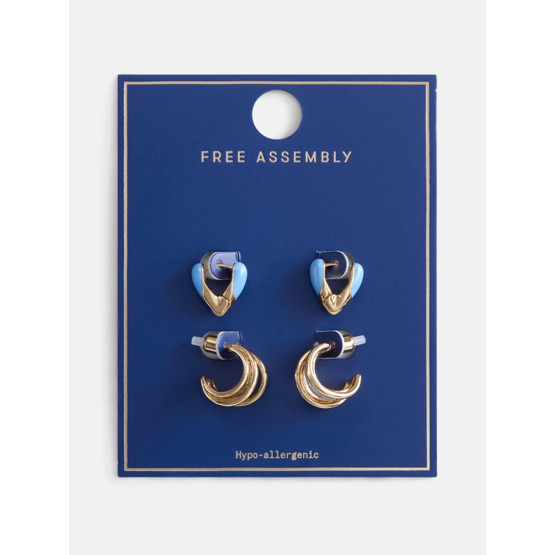 Goldtone Duo Hoop Earrings Set with Blue Enamel for Women – 2-Pair Jewelry Gift