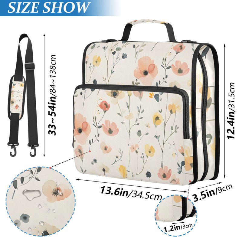 Zipper Binder File Folder Organizer Bag with Multiple Pockets - Floral Design