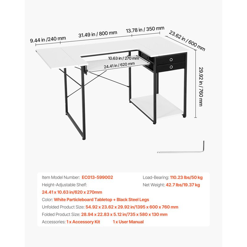 Multipurpose Sewing Table with Drawers and Foldable Side Shelf - Adjustable Home & Studio Workstation