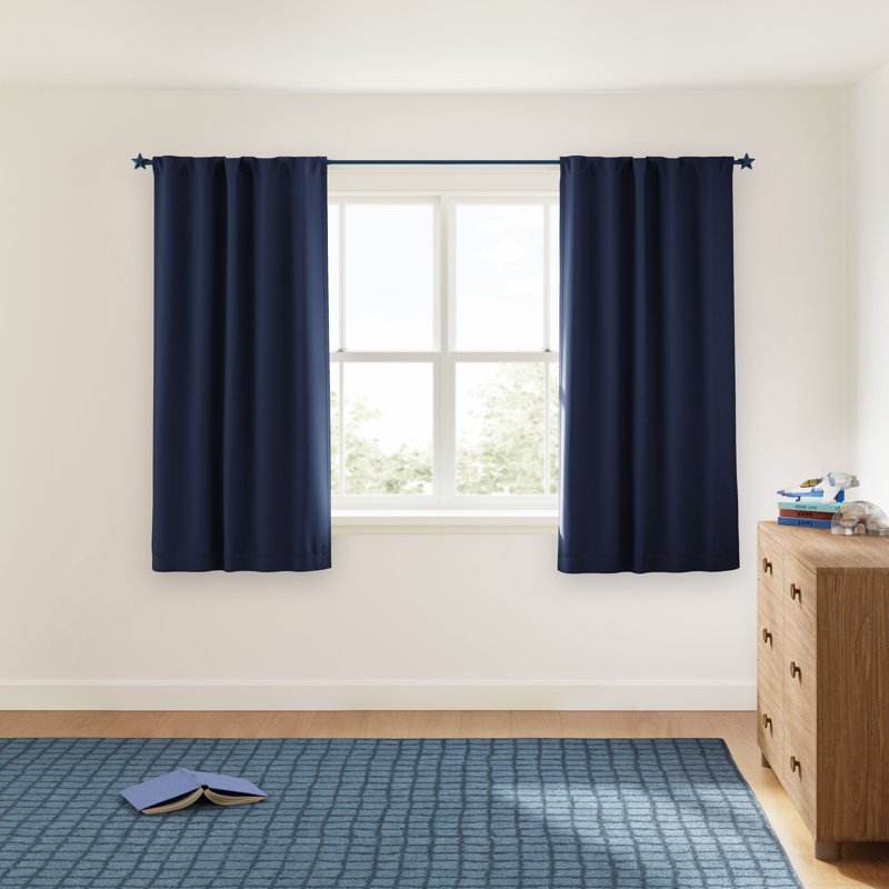 Kids Navy Blue Blackout Curtain Panel Set with Rod Pocket & Back Tabs, 30x63 Inches