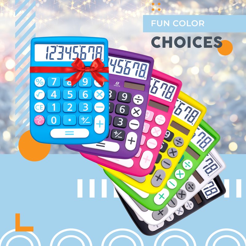 Dual Power Desktop Calculator with Large LCD & Buttons - 8 Digit, Multi-Color