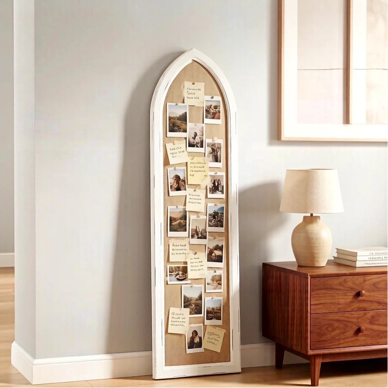 White Linen Bulletin Board with Wooden Frame - Vertical Wall Organizer