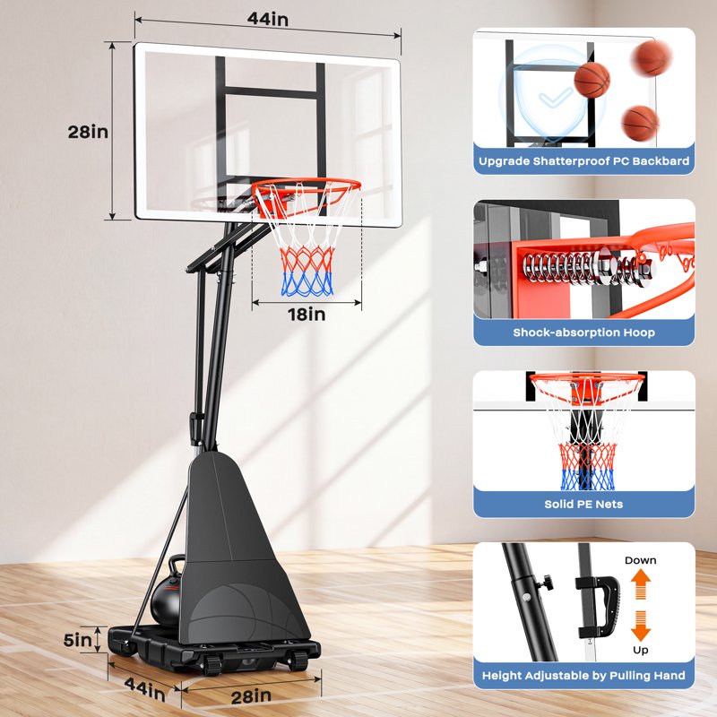 44-Inch Portable Basketball Hoop with Adjustable Height & Shatterproof Backboard