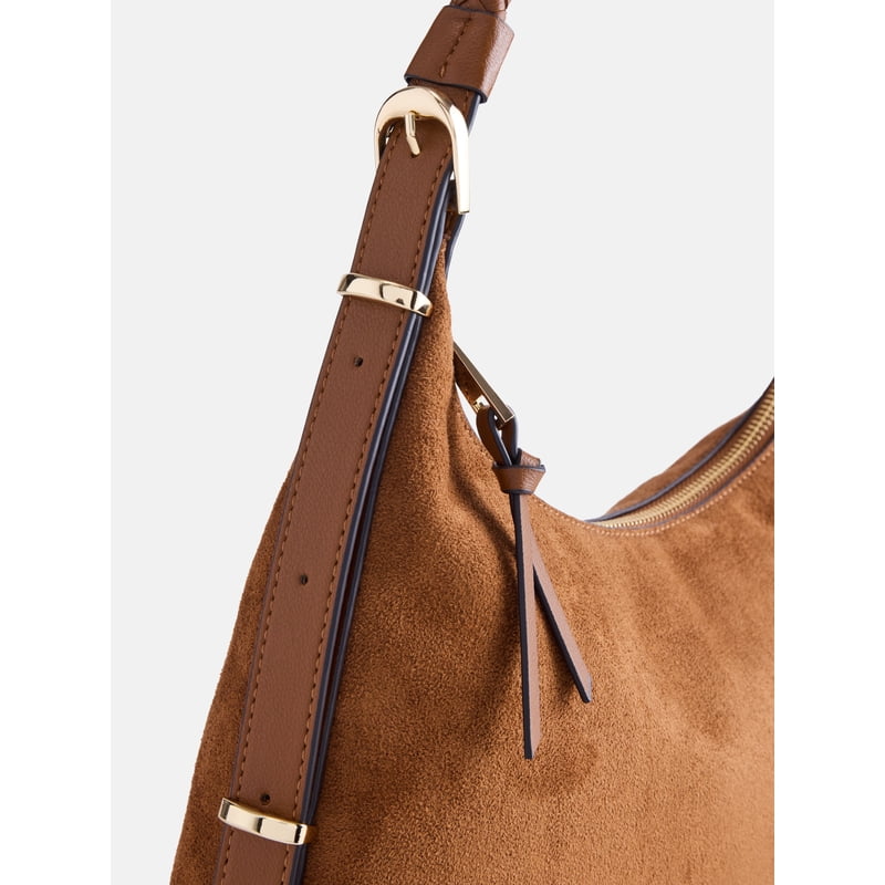 Women's Top Zipper Shoulder Bag - Faux Suede, Adjustable Strap, Spacious