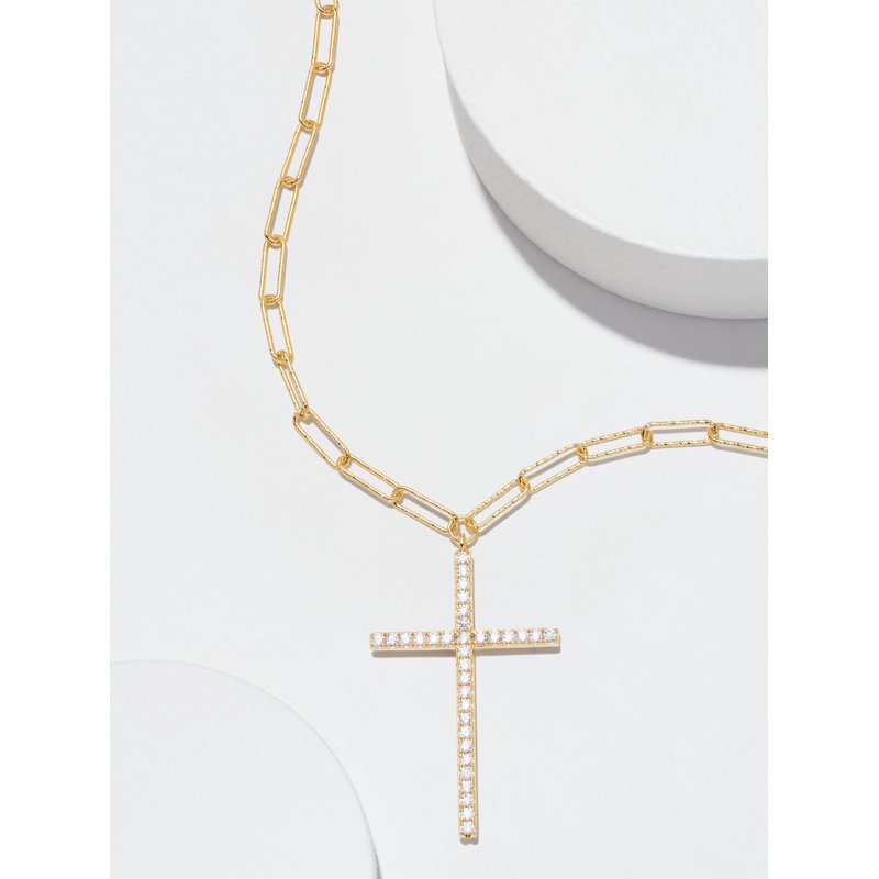 Gold & Silver Paperclip Necklace with Cubic Zirconia Cross - Gift for Her, 18" + 3" Extension