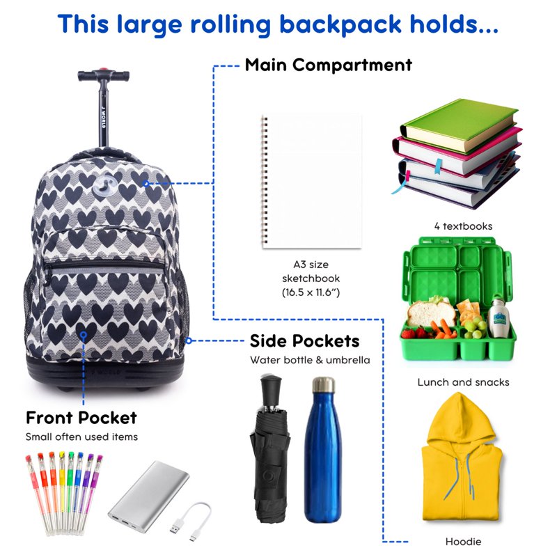 Girls 18-Inch Rolling Backpack for School & Travel with Water Bottle Pockets